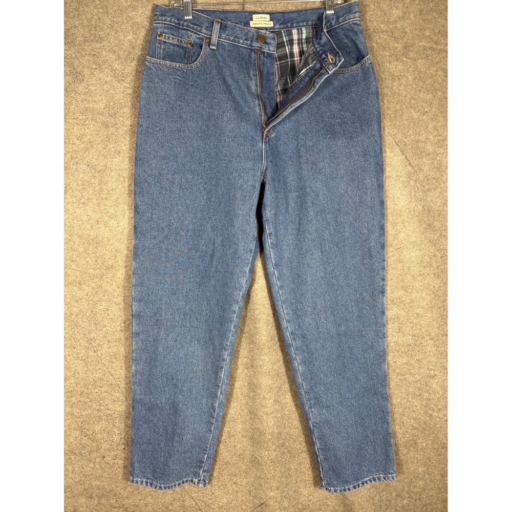LL Bean Flannel Lined Jeans Womens 16 MT Blue Denim Plaid Relaxed Original Fit